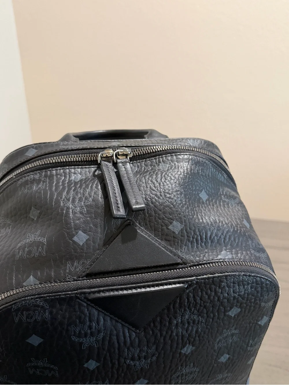 MCM Black Monogram Textured Leather Backpack